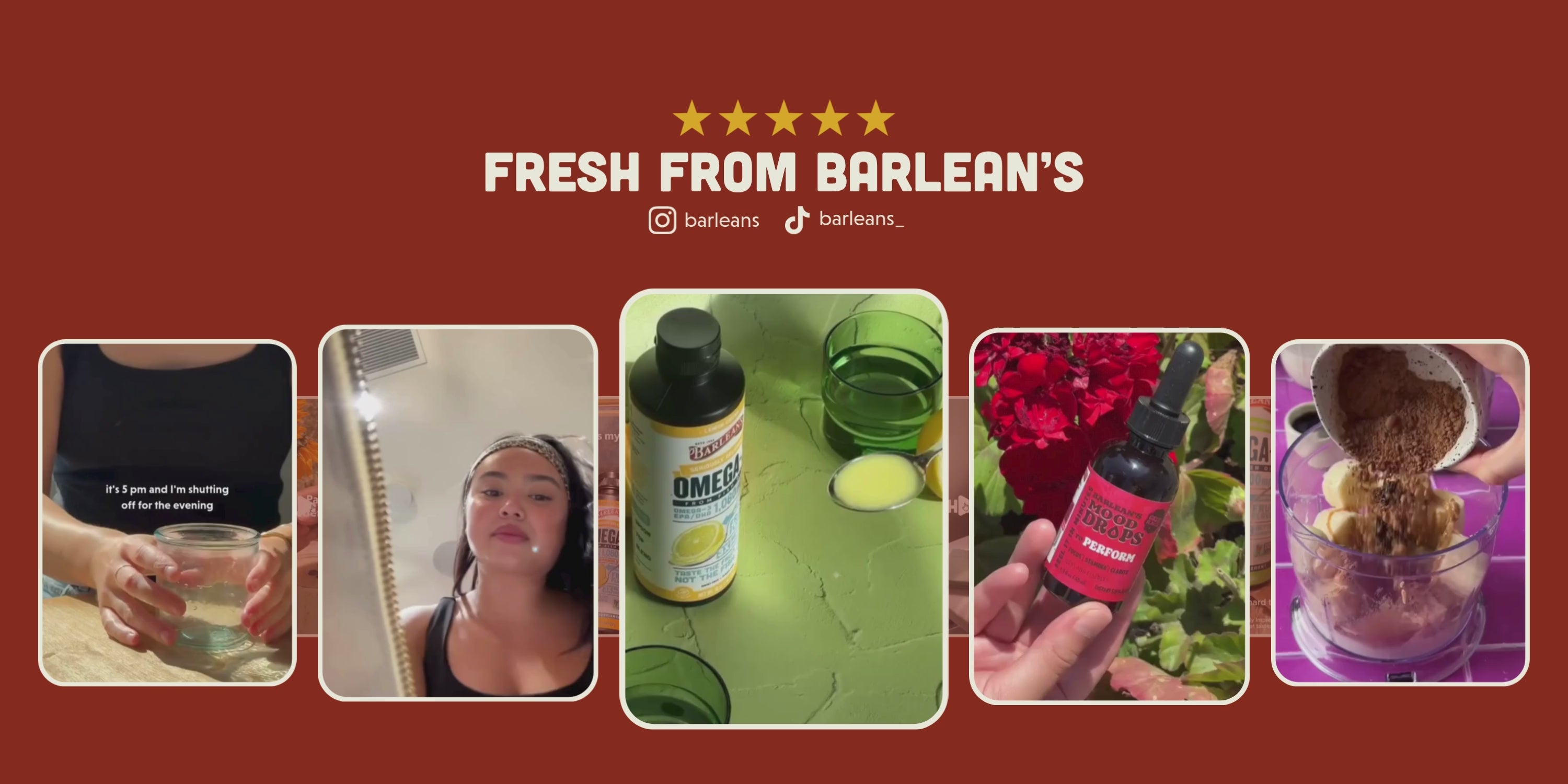 Load video: Carousel of Barlean&#39;s social media feed, highlighting popular videos on Instagram and TikTtok